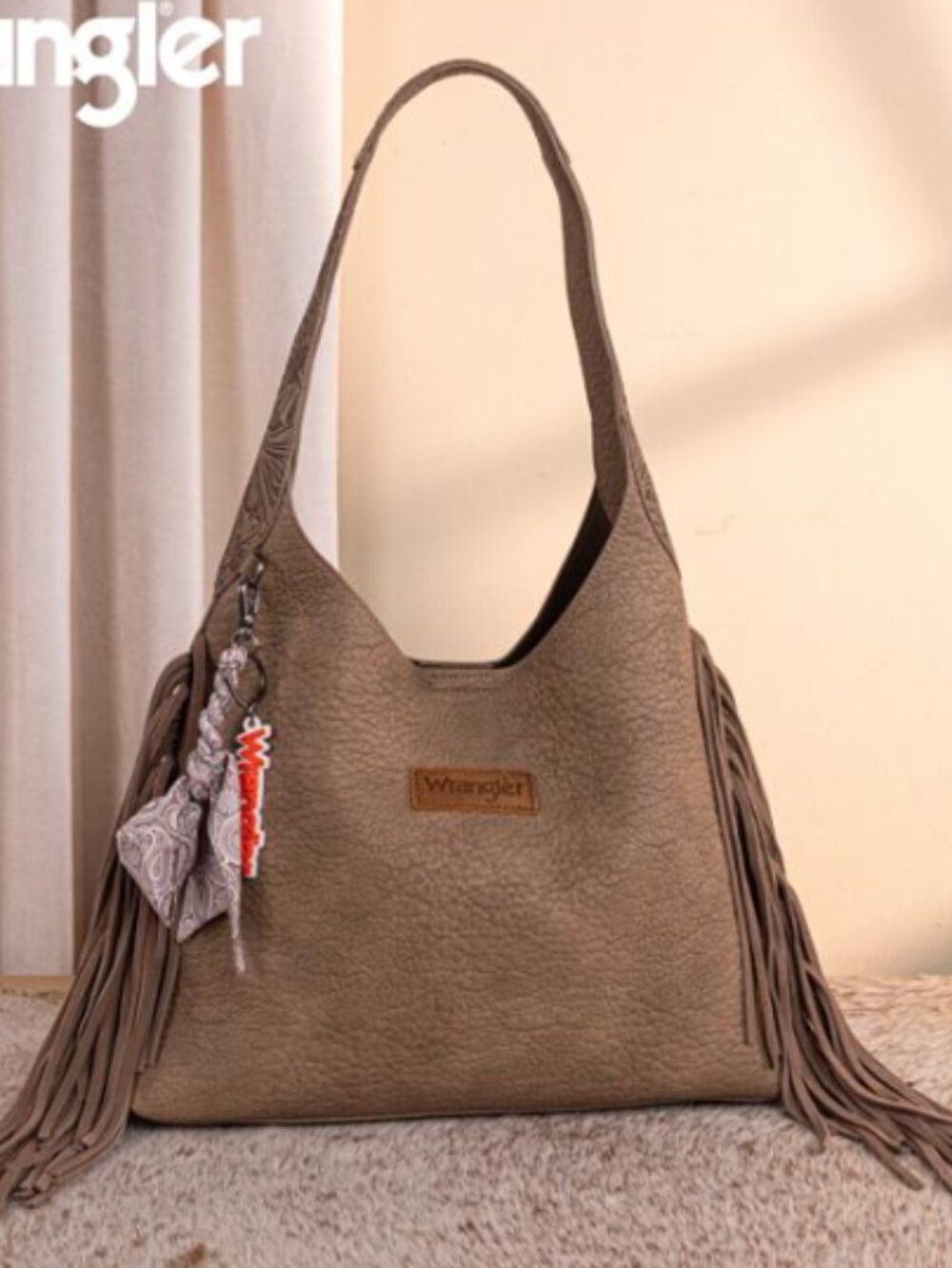Wrangler Fringe Tooled Hobo Bag, Khaki NWT